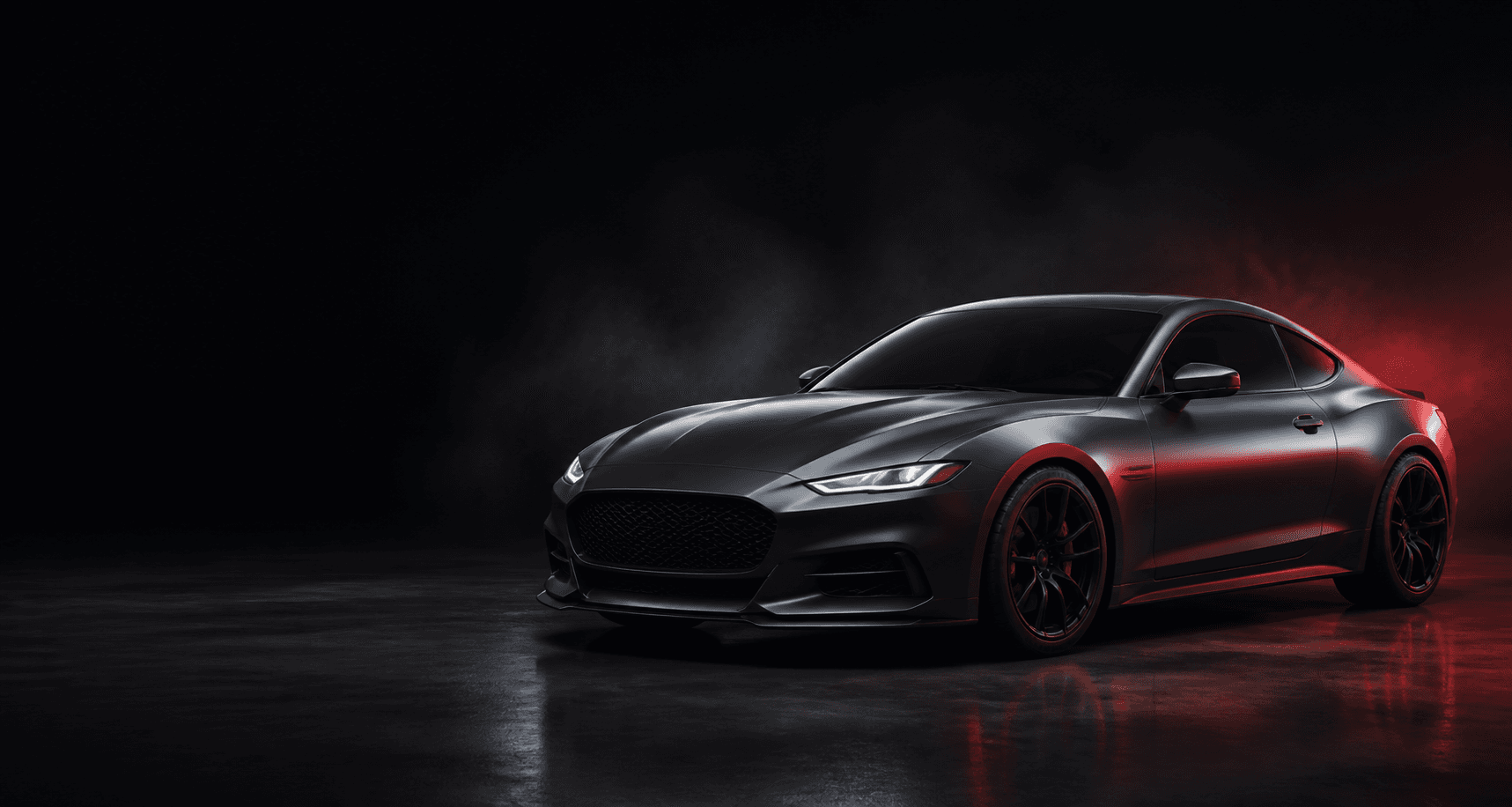 A dark wrapped performance coupe in a studio.
